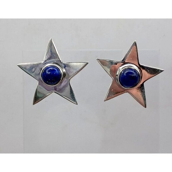 Southwest Style Sterling Silver Blue Lapis Lazuli Star Earrings Spiky Studs - Picture 1 of 3